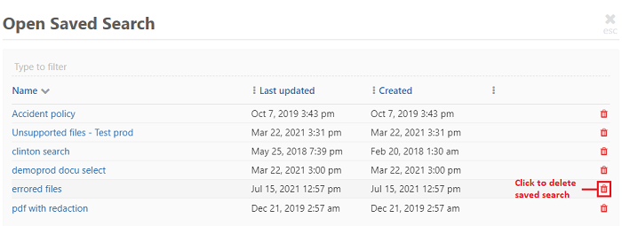 Delete from the list of saved searches