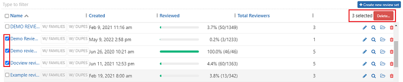 Select the review sets and click on Delete