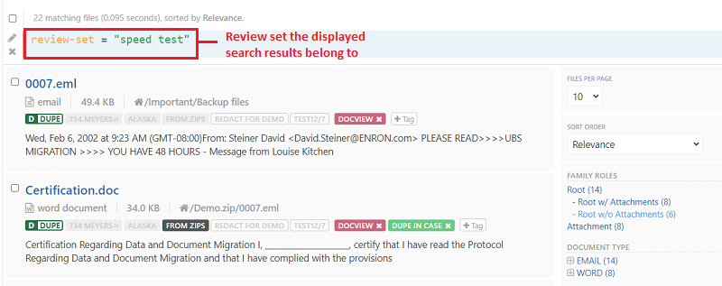 Review set search listing