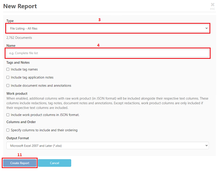 Choose the kind of report and the output format
