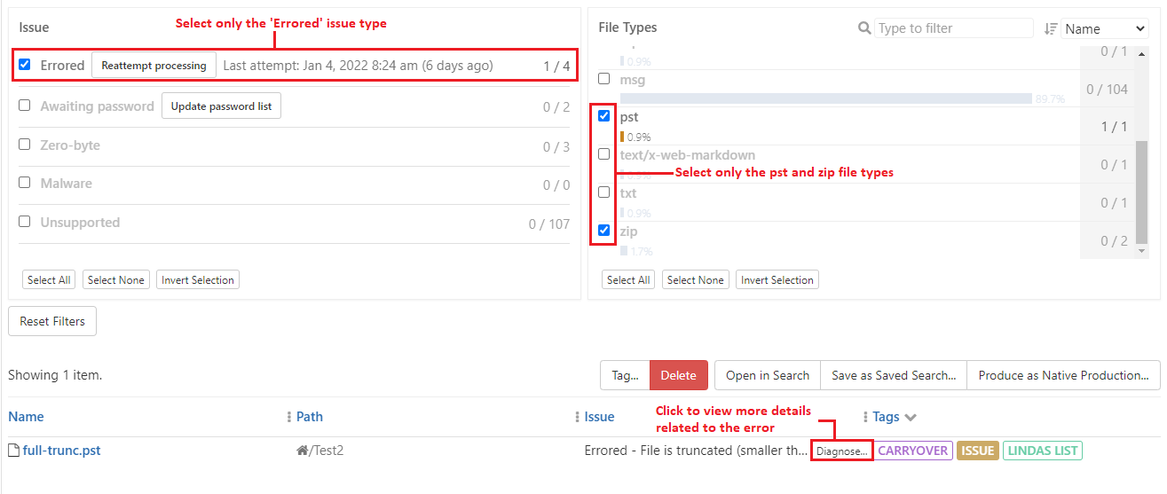 Select only the Errored issue type