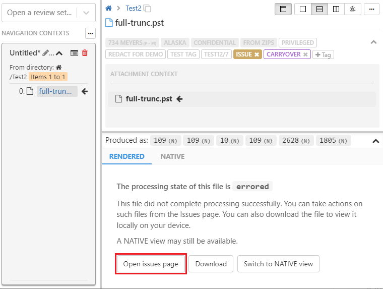 Viewing the issues view from the document viewer
