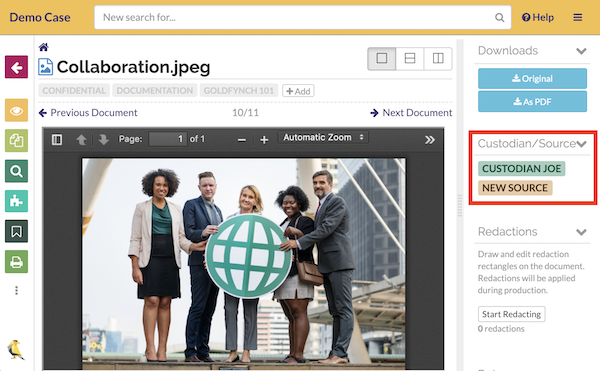 Custodians and sources in the docs view