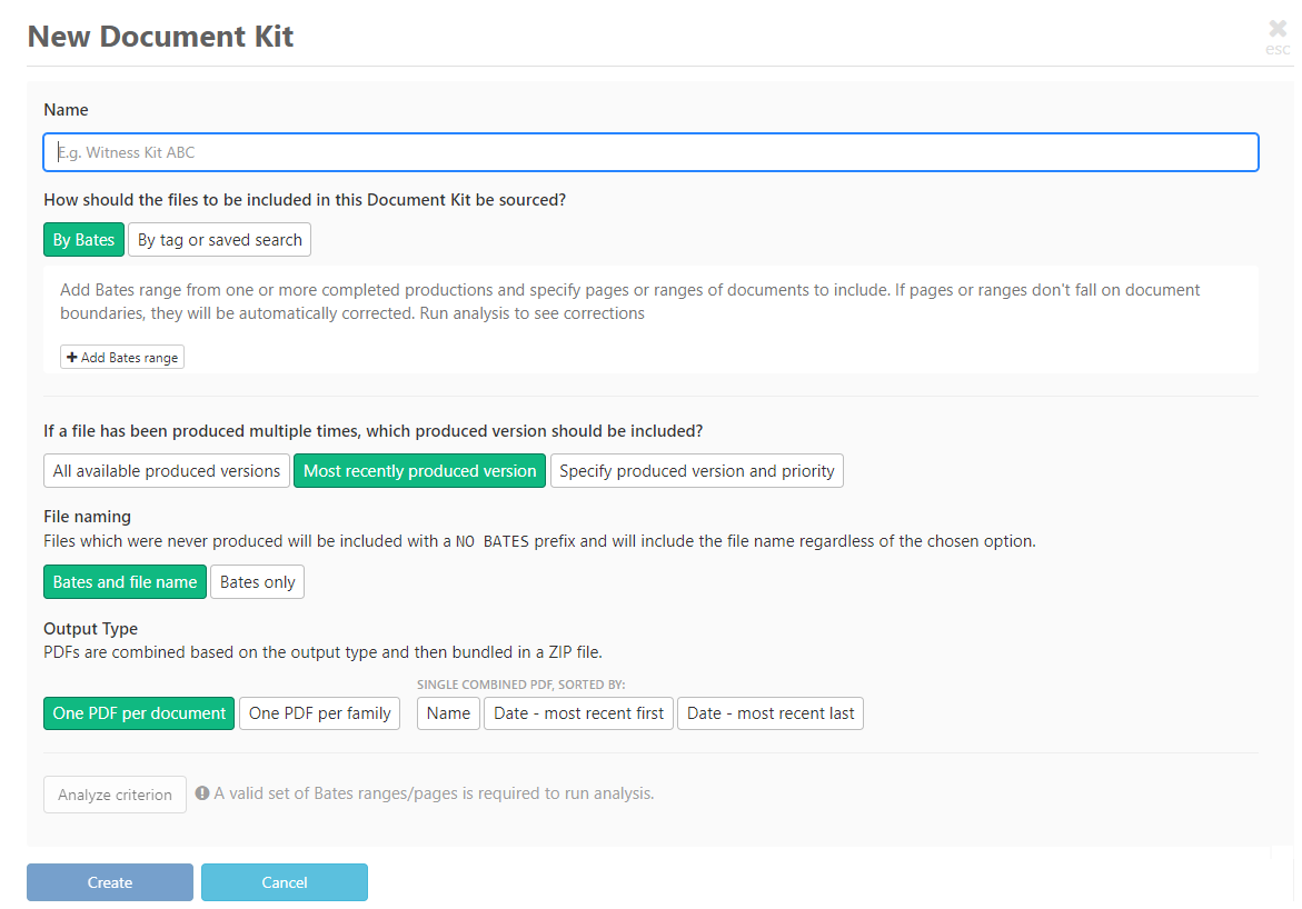 Create a document kit by bates range