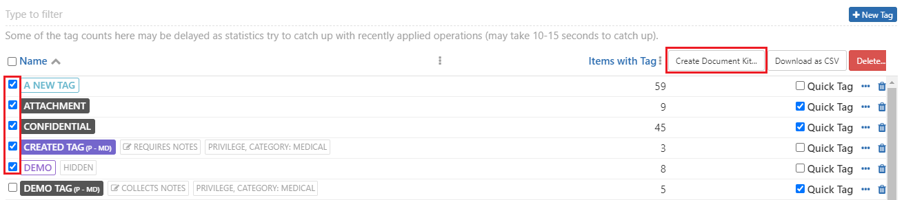 Generating a document kit from the tags view