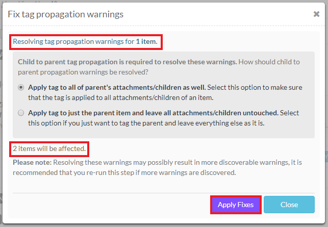 Resolve child-to-parent tag propagation warnings