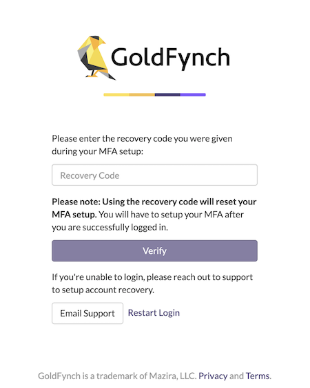 To recover your account, click on the Use Recovery Code button after entering your login details, then enter the recovery code into the box and click on Verify