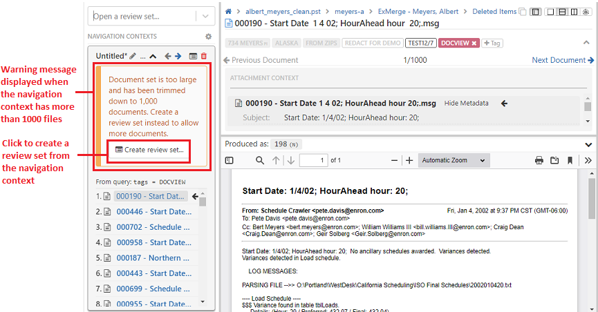 Click on prompt in warning message to create a review set