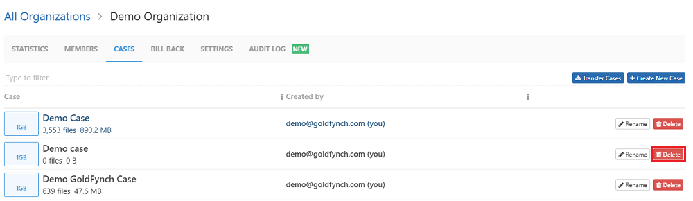 Delete a case from an organization