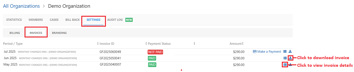 Invoices tab for the Organization