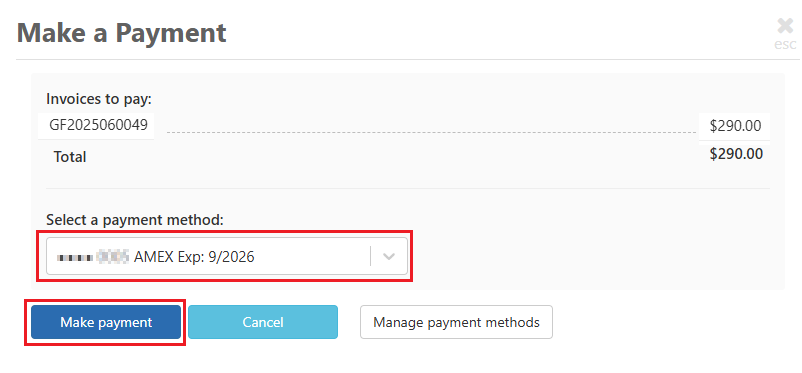 Select payment method and make payment