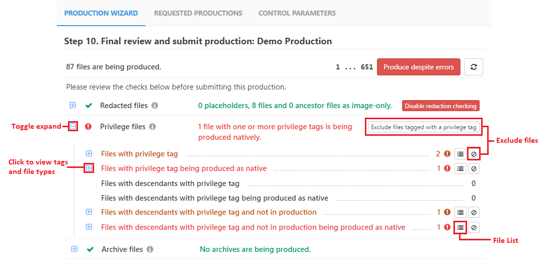 Expanded production summary