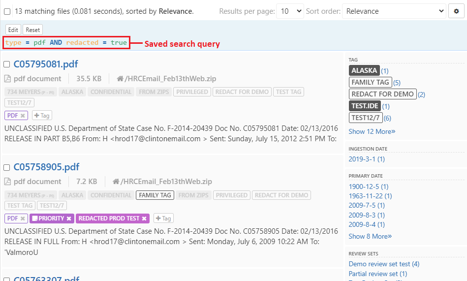 Saved search results