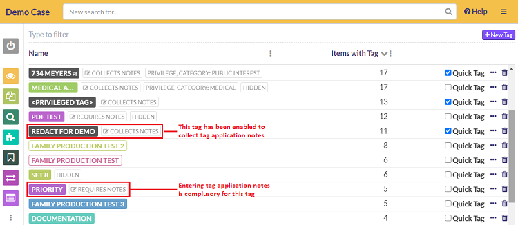 Tags with indicators to collect notes
