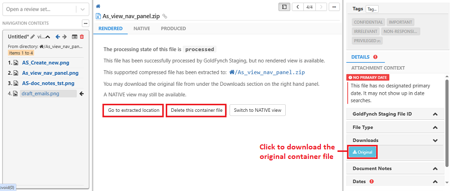 Click on the View container file link to view the container